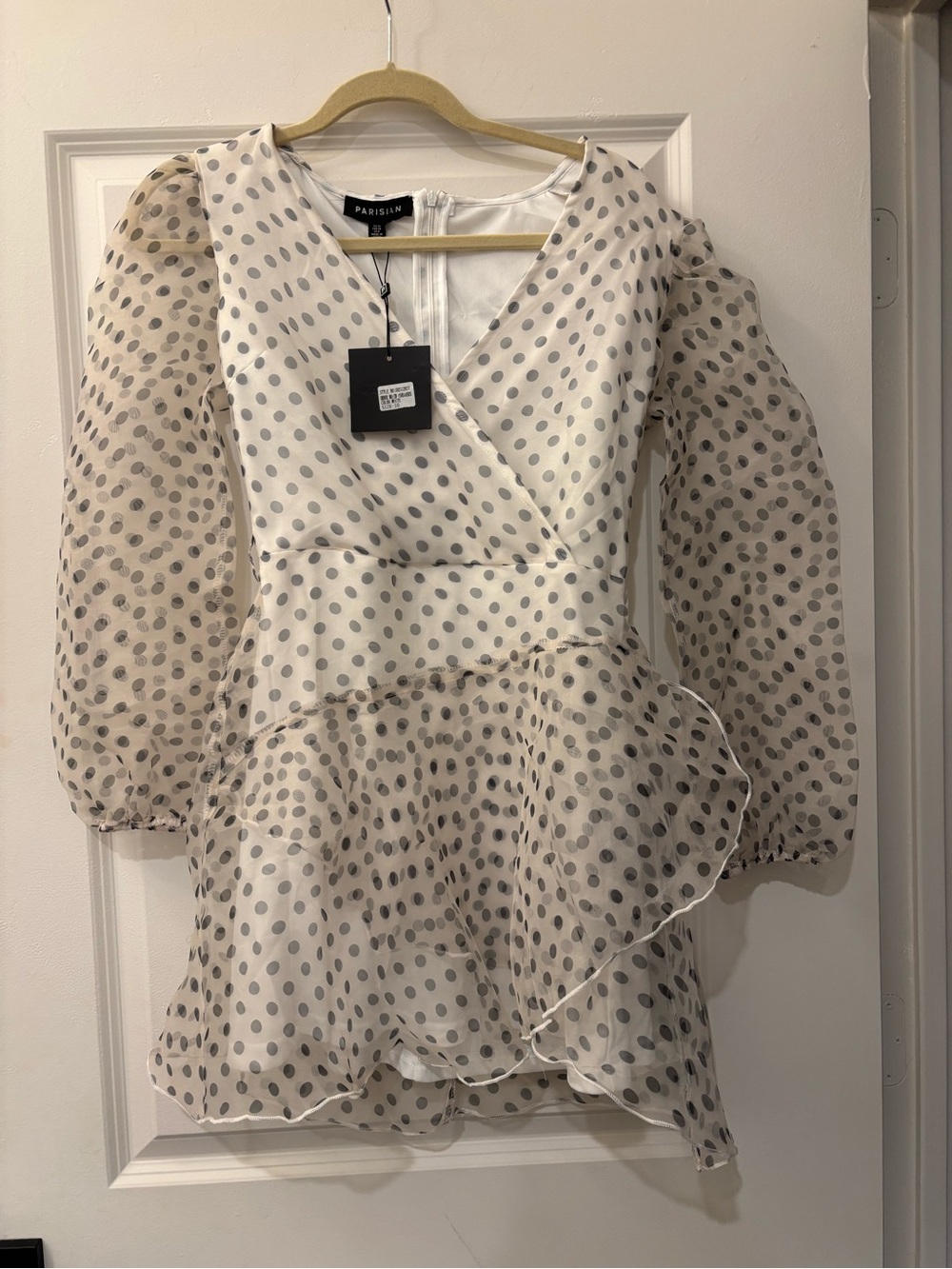 Parisian Works Cream Blouse with Gray Polka Dots